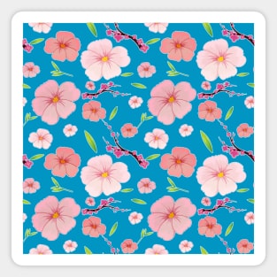 Pink Hibiscus and Sakura Blue Background Magnet